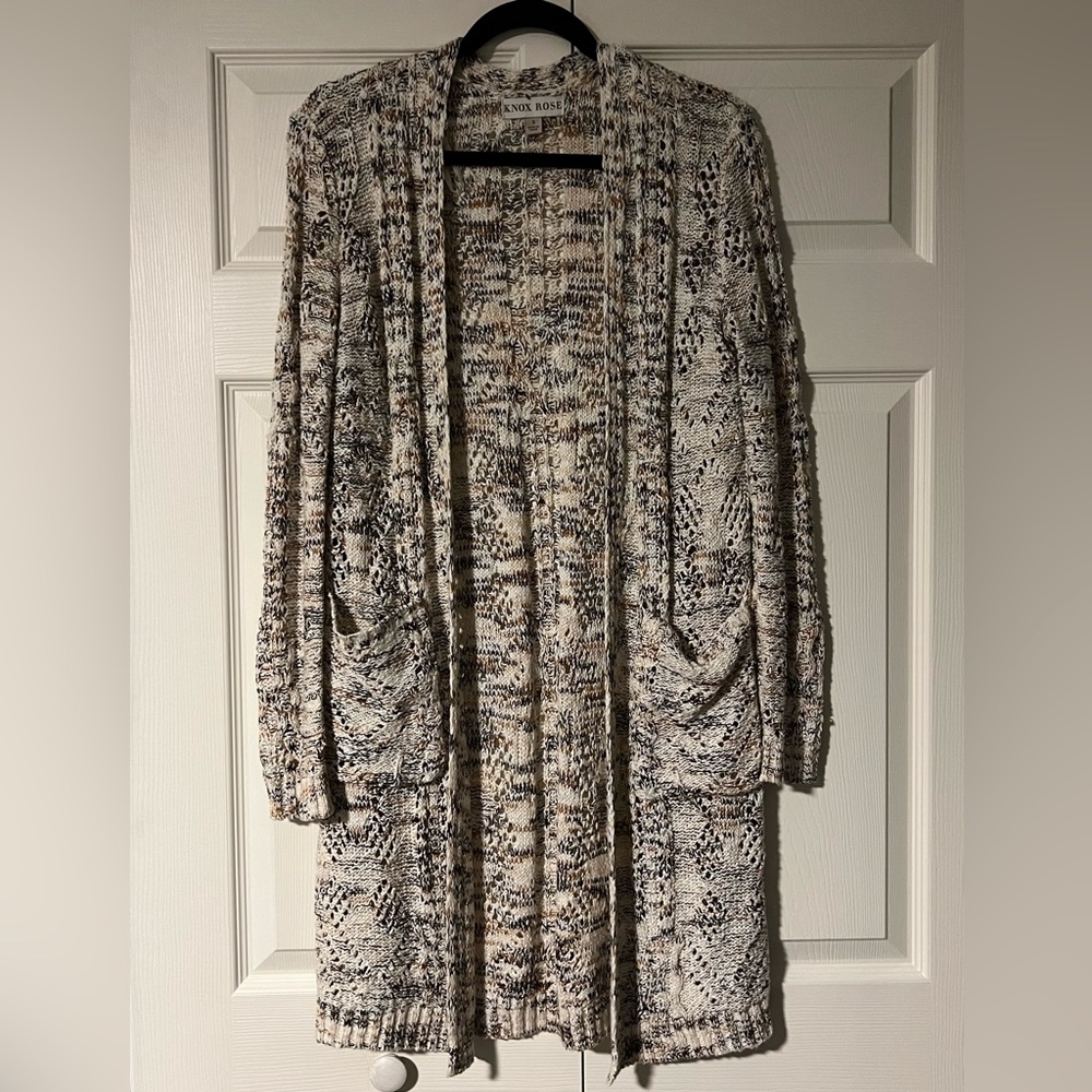 Knox Rose Crochet Knit Open Duster Cardigan Sweater Boho Cream Black Small S